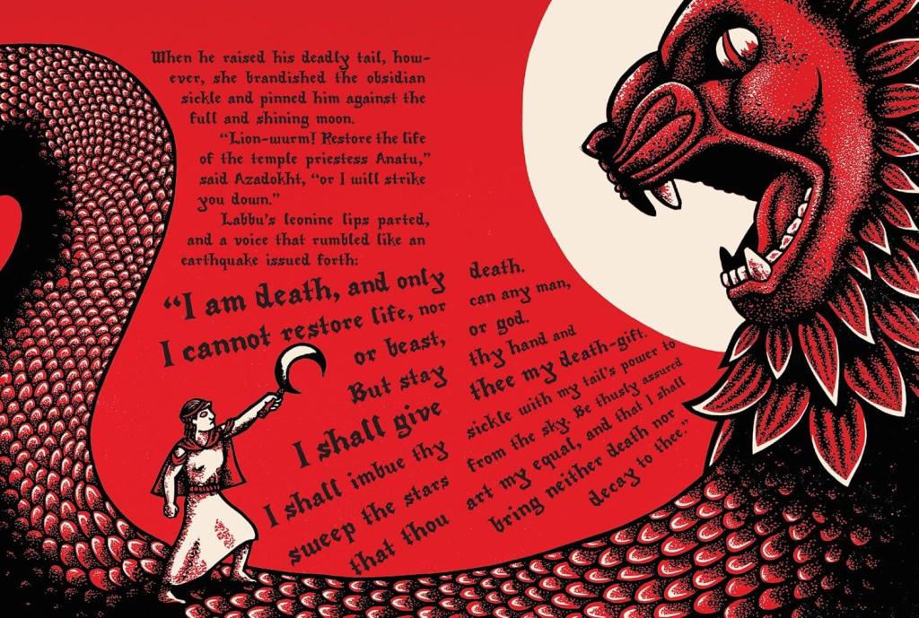 A red, black, and white linocut illustration of a robed woman with a sickle standing on a towering serpent with the head of a lion.
