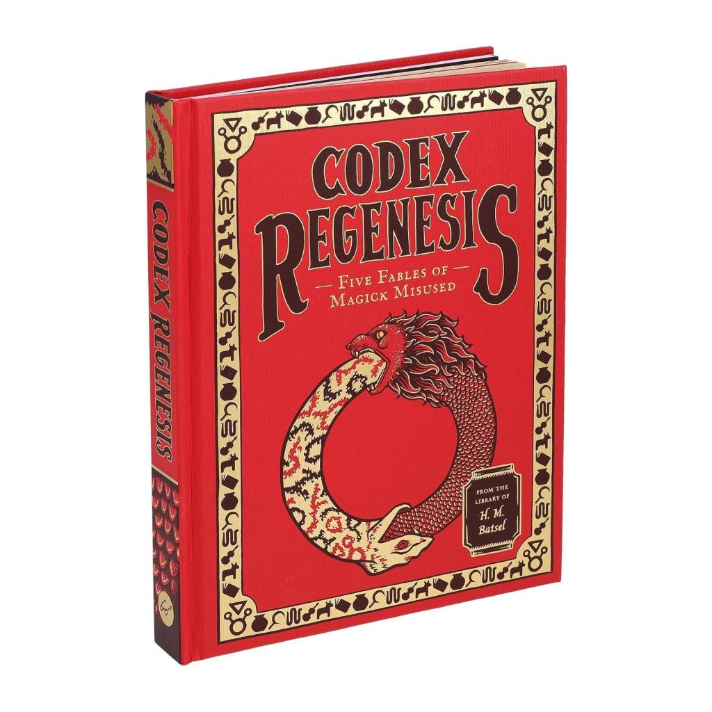 A picture of a hardcover book entitled Codex Regenesis: Five Fables of Magick Misused. The book is stark red with black and gold illustrations and text. The border of the book shows symbols of a sickle, snake, fiddle, bull, book, and vase repeated. There is a large linocut illustration of a snake and a serpent with a lion's head eating each other's tails, forming a perfect circle.