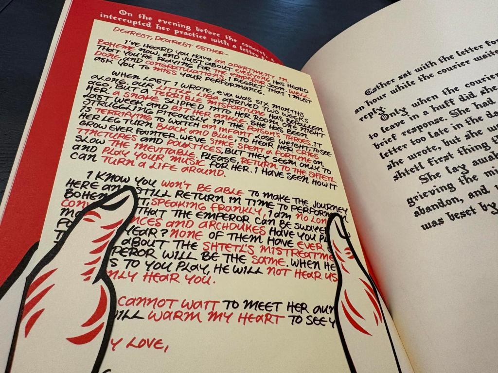 An opened book on a grey table--a red page on the left and white page on the right. The red page has cardstock thumbs holding a removable letter with words in either black or red handwritten font. The text on the left is a letter from a brother to a sister, and the text on the right discusses the sister's struggle to formulate a reply.