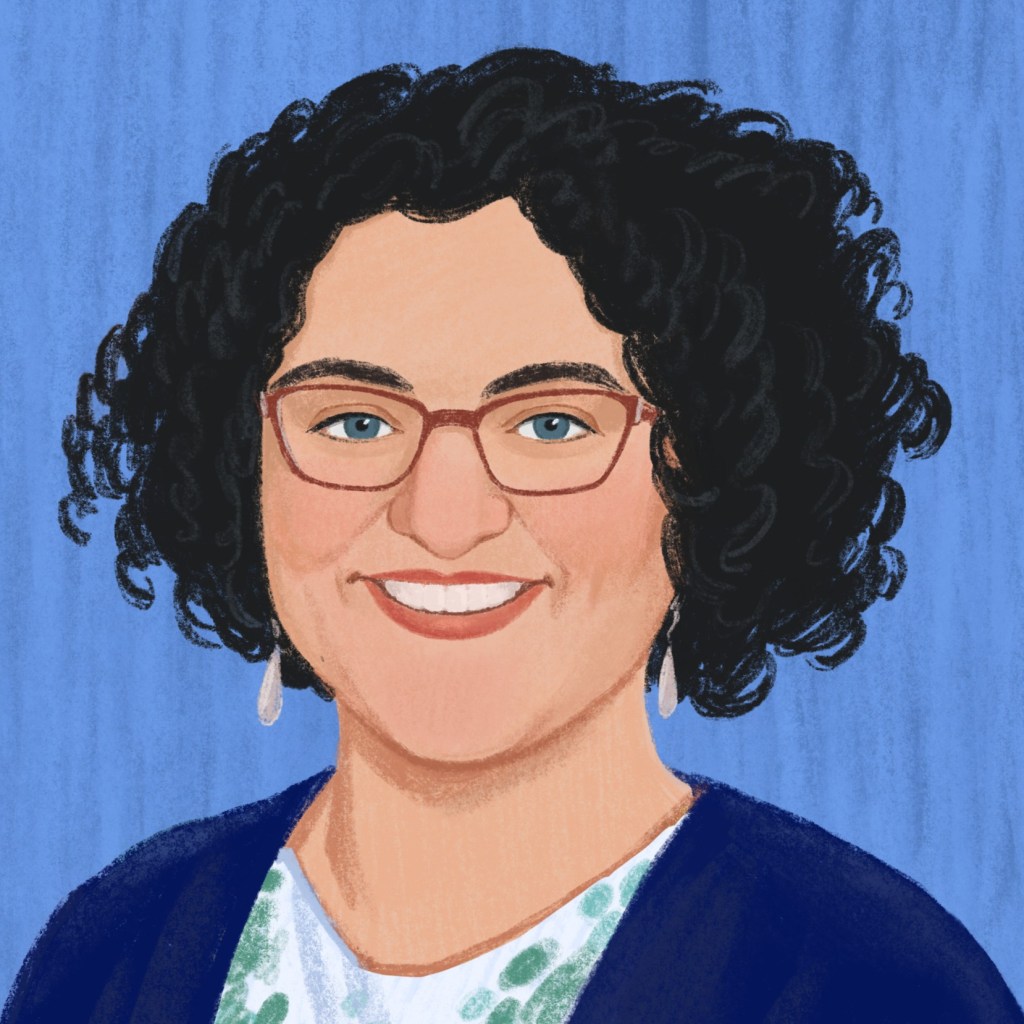 illustration of woman with black curly hair, red glasses and blue eyes.