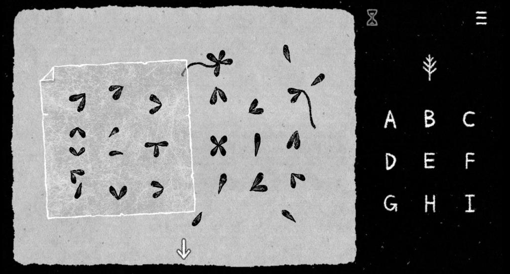 A grayscale image in two parts. The right side shows a 3x3 grid of letters. The left panel shows an assortment of gray flower petals in different arrangements of number and shape.