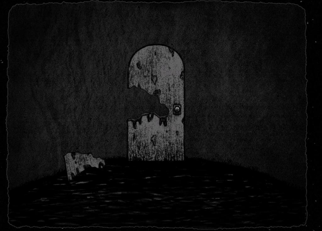 A grayscale image of a dark and bare room. The only furniture visible is a decaying door with a large chunk ripped off, which is sitting on the floor next to the door.