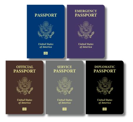 US passports in different colors such as purple for emergency passport, or black for diplomatic passport