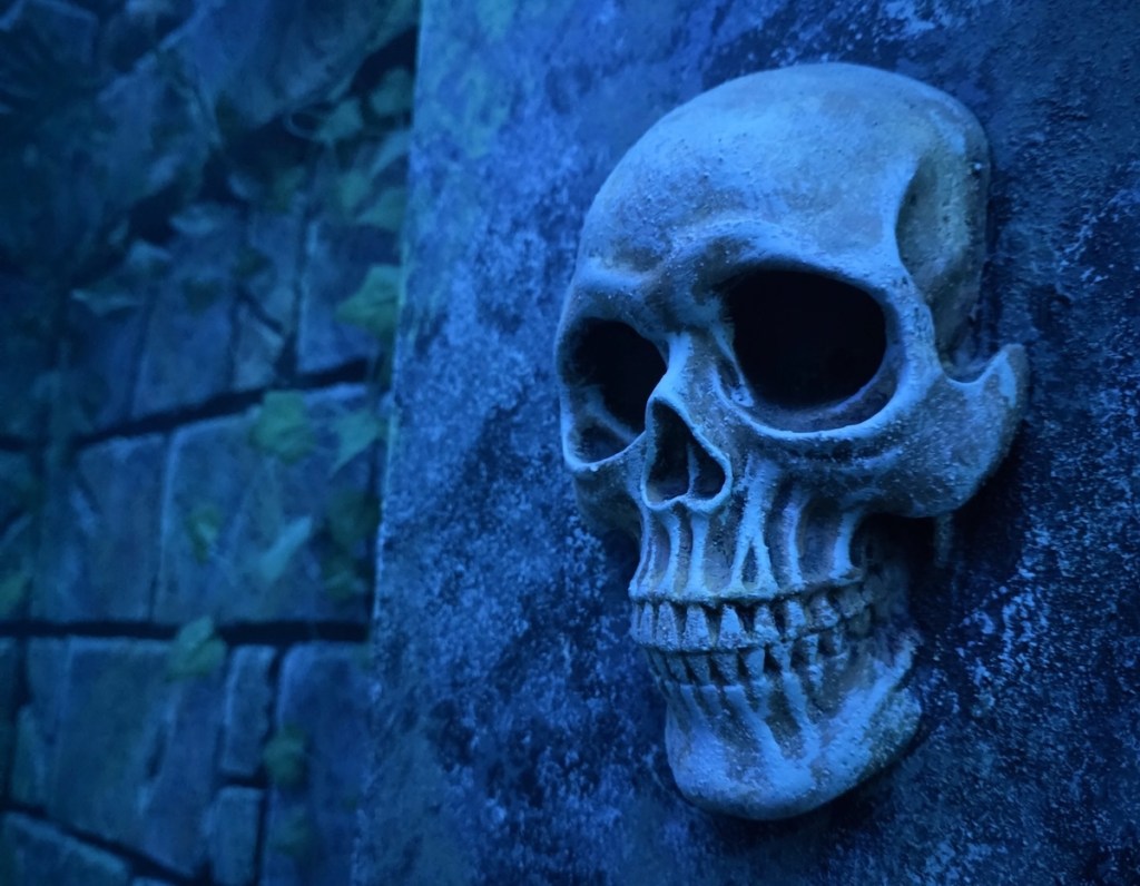 A closeup of a skull embedded into a castle wall.