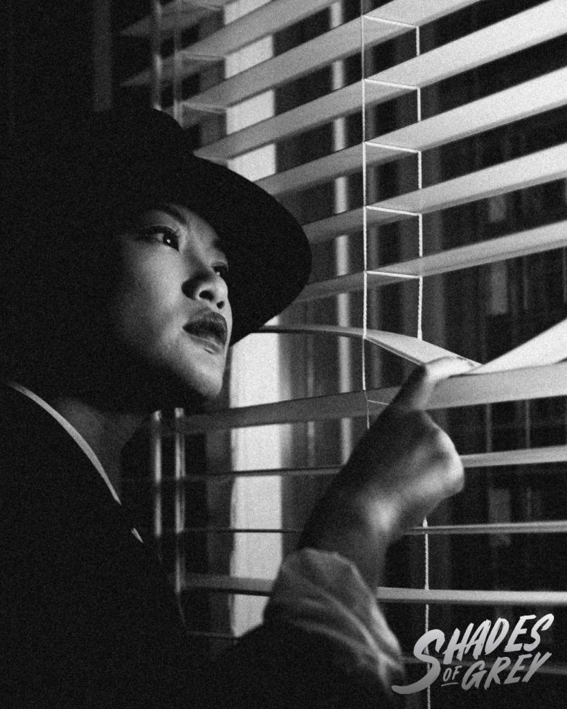 A detective peering through slatted blinds
