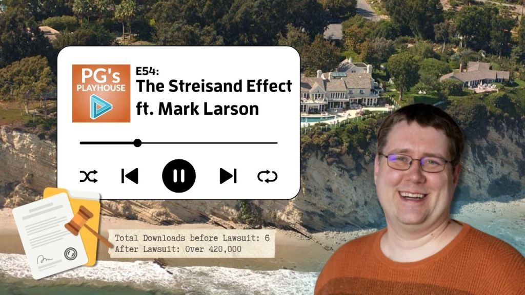 aerial photograph of california coastline, including a large mansion right on the cliff edge. Forefront image of man smiling with brown hair, glasses, wearing a dark orange sweater