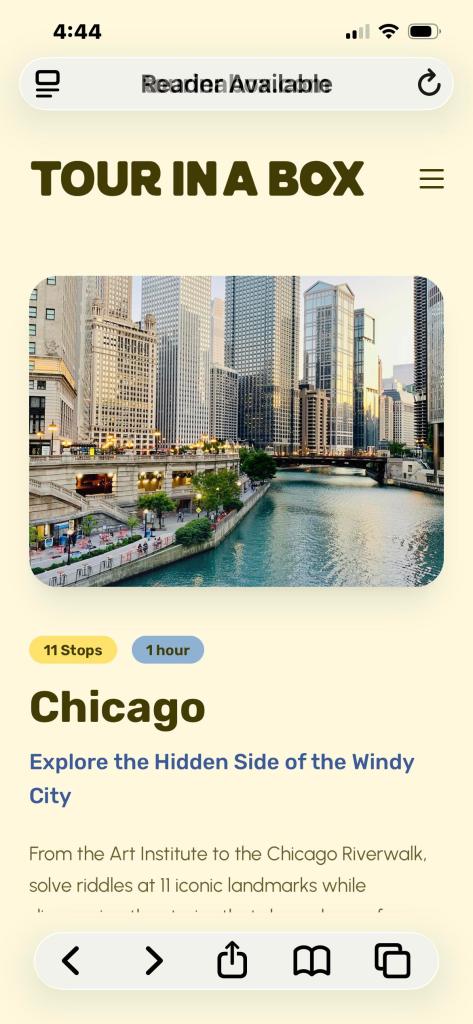 Screenshot of the Tour in a Box mobile interface with an image of the city and the words Chicago, 11 Stops, 1 hour