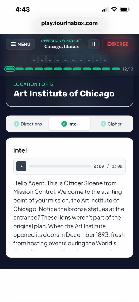 Screenshot of the Tour in a Box mobile interface for the Art Institute of Chicago where the user can click for Directions, Intel, or Cipher, and a player for Intel with an audio transcript.
