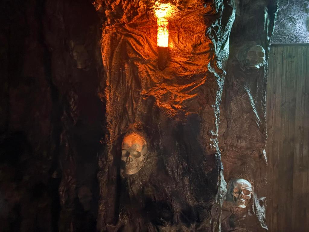Image of a rock wall, lit by a glowing lantern, with several skulls partially embedded in the wall