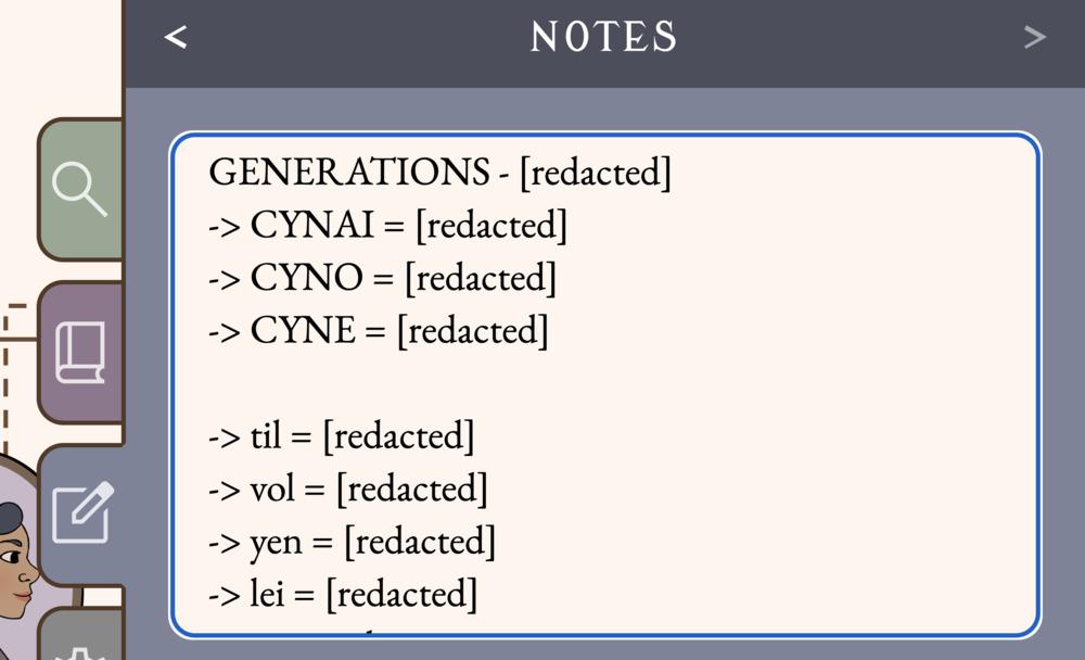 Typed notes showing redacted possible translations of the invented language into English.