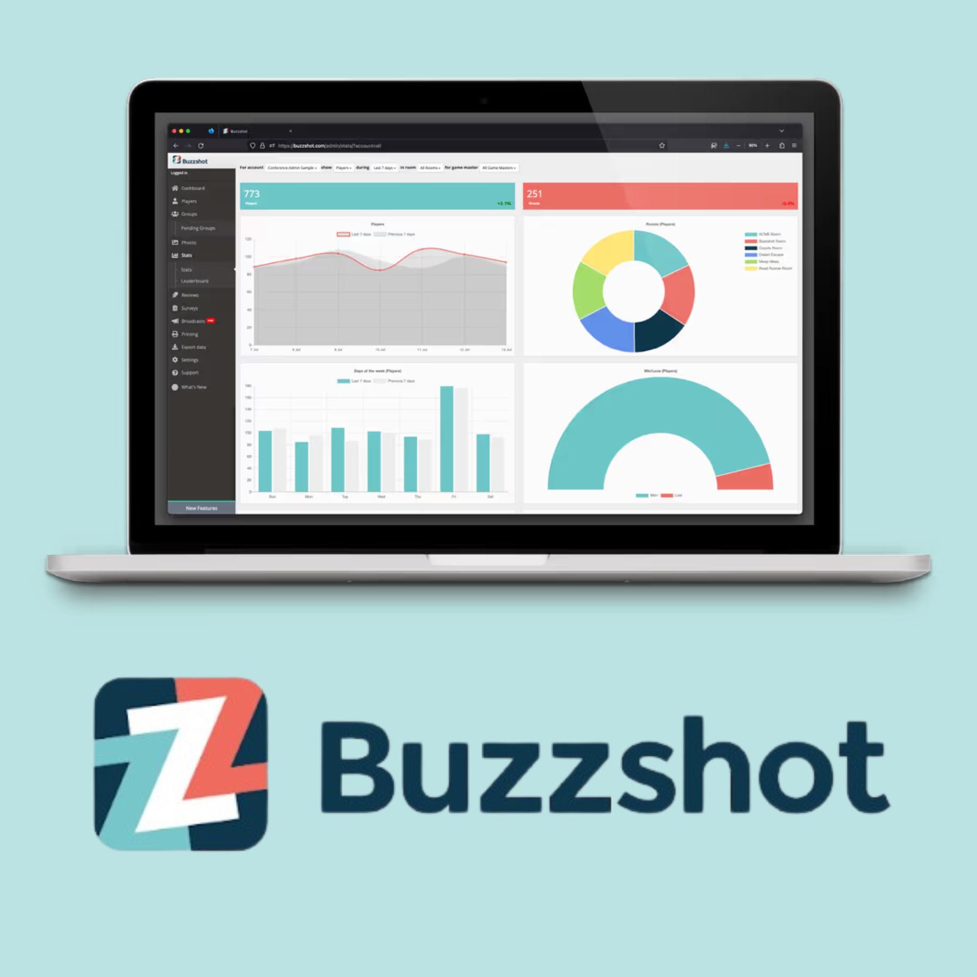 laptop showing a business dashboard with buzzshot logo underneath