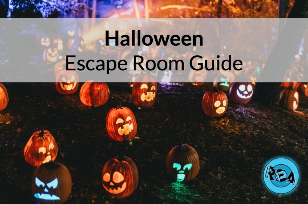 Reads: "Halloween Escape Room Guide" Depicts: A wooded space filled with uniquely carved and glowing jack-o-lanterns.
