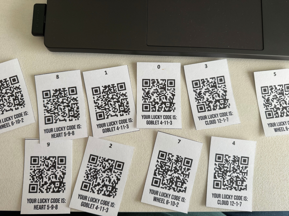 Image of numbered pieces of paper with QR codes and the words "Your lucky code is: " These were used during the RECON 26 game.