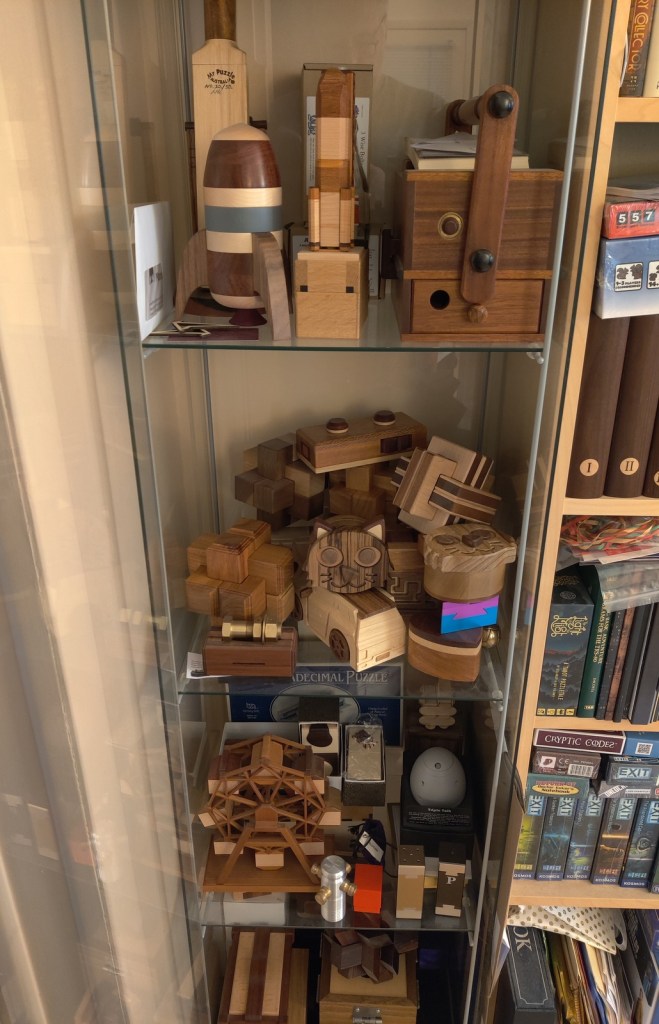 glass shelf full of wooden mechanical puzzles