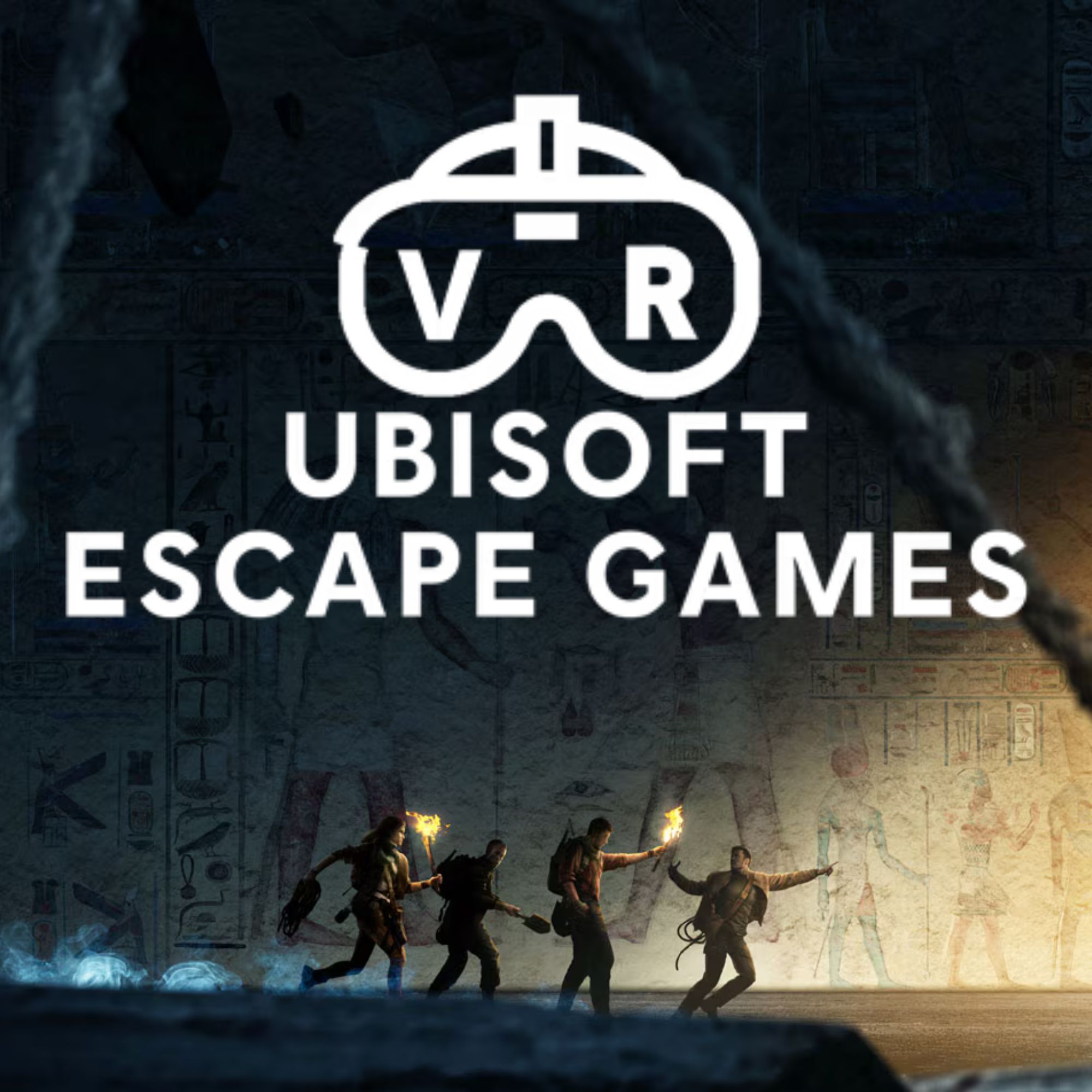 game graphic of adventurers running with torches inside an egyptian tomb. Ubisoft Escape Games logo over the group.