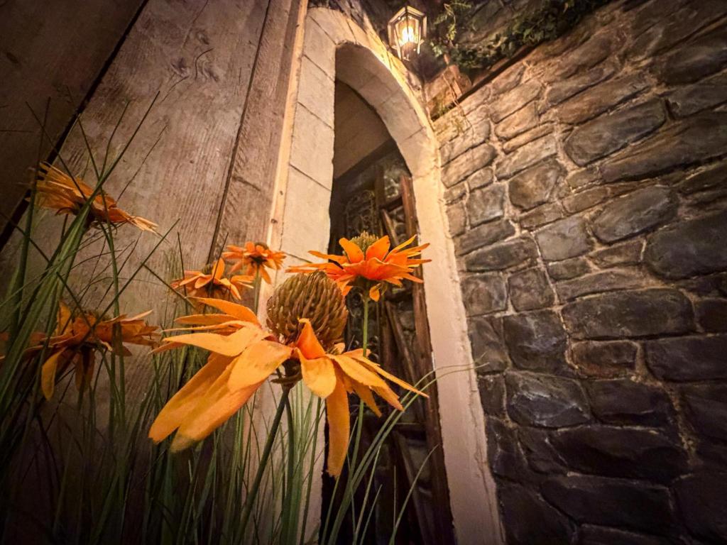Closeup of a cluster of orange sunflowers in front of a stone arched doorway and a rock wall. A lantern can be seen high above the doorway.