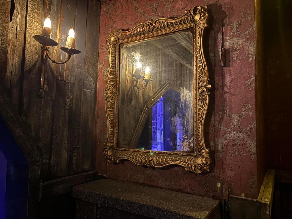 Closeup of an ornate mirror on a faded, mauve wallpapered wall, a wall sconce to the left. Reflected you can see an open doorway leading to another universe.