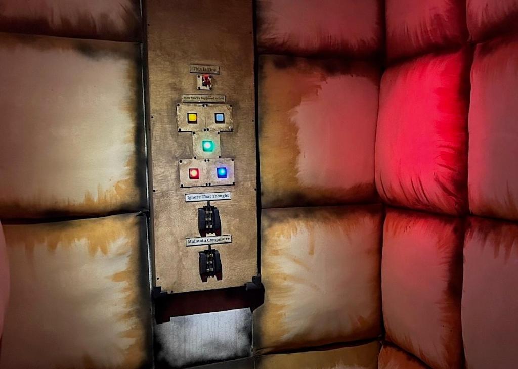 A control panel on the wall in a padded room. Switches on the panel are labeled "Maintain Composure," "Ignore that Thought," and "This is Fine"