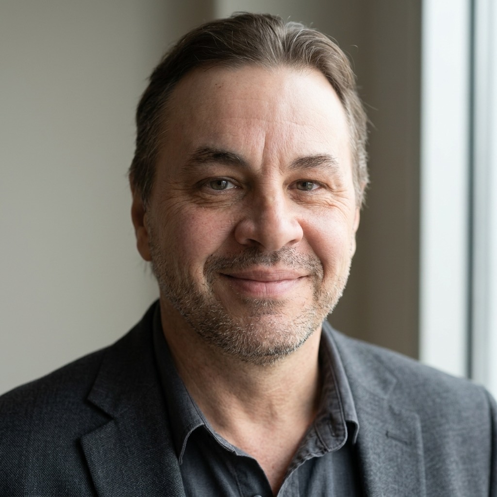 man smiling with short beard in a grey suit