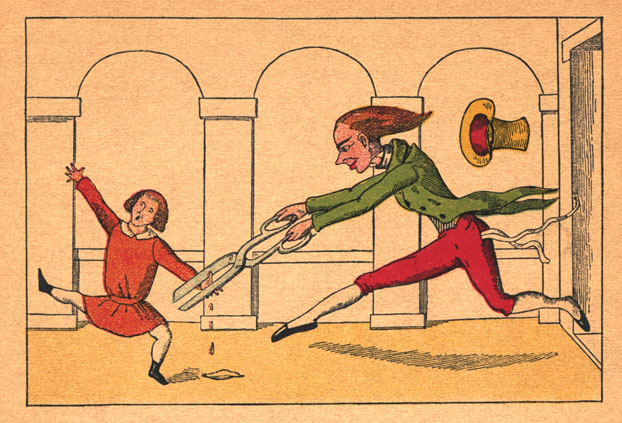 old fashioned illustration of a man in a suit with a giant pair of scissors cutting the thumb off a little boy